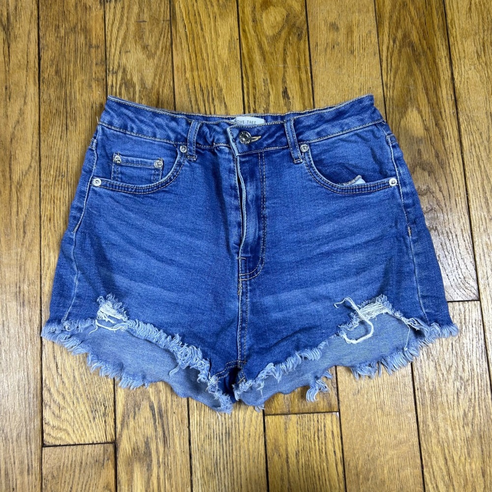 Love‎ Tree Denim High Waisted Jean Shorts Medium Wash Frayed Raw Hem Womens M